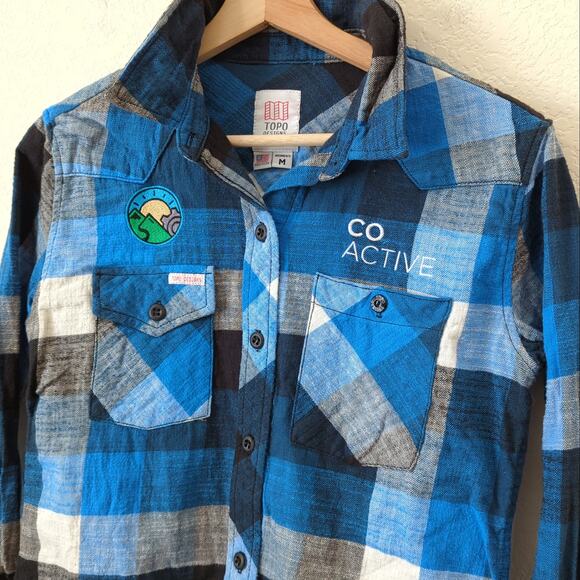 Topo Designs Womens Plaid Work Shirt Blue SM Flannel Camp Long Sleeve Patch - Picture 5 of 6